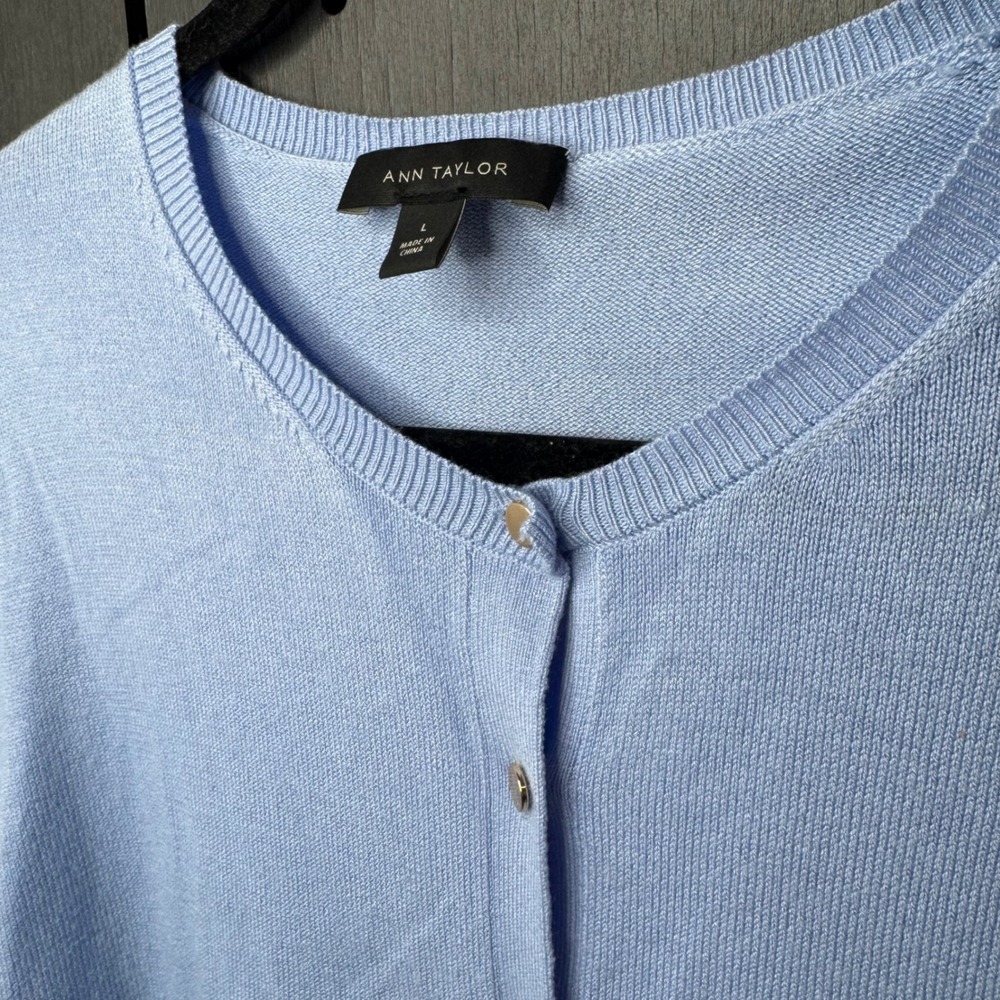 Ann Taylor Womens Cardigan Sweater Light Blue Crew Neck Button Up Size L - Picture 2 of 5